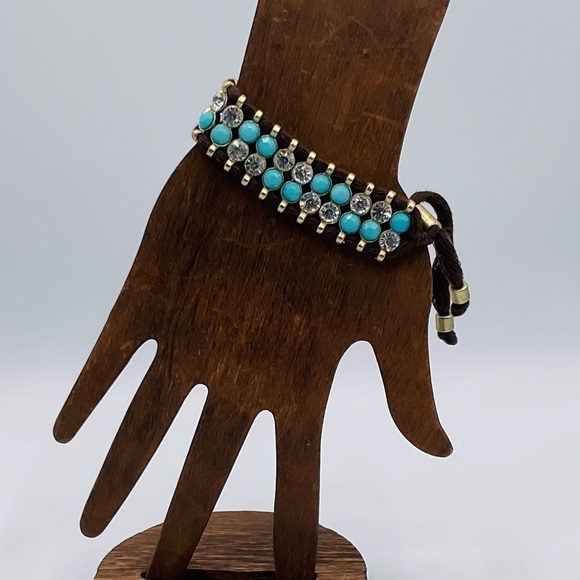 Bracelet Rhinestone Boho Clear Turquoise Gems Festival Jewelry Adjustable Cord - Picture 2 of 8